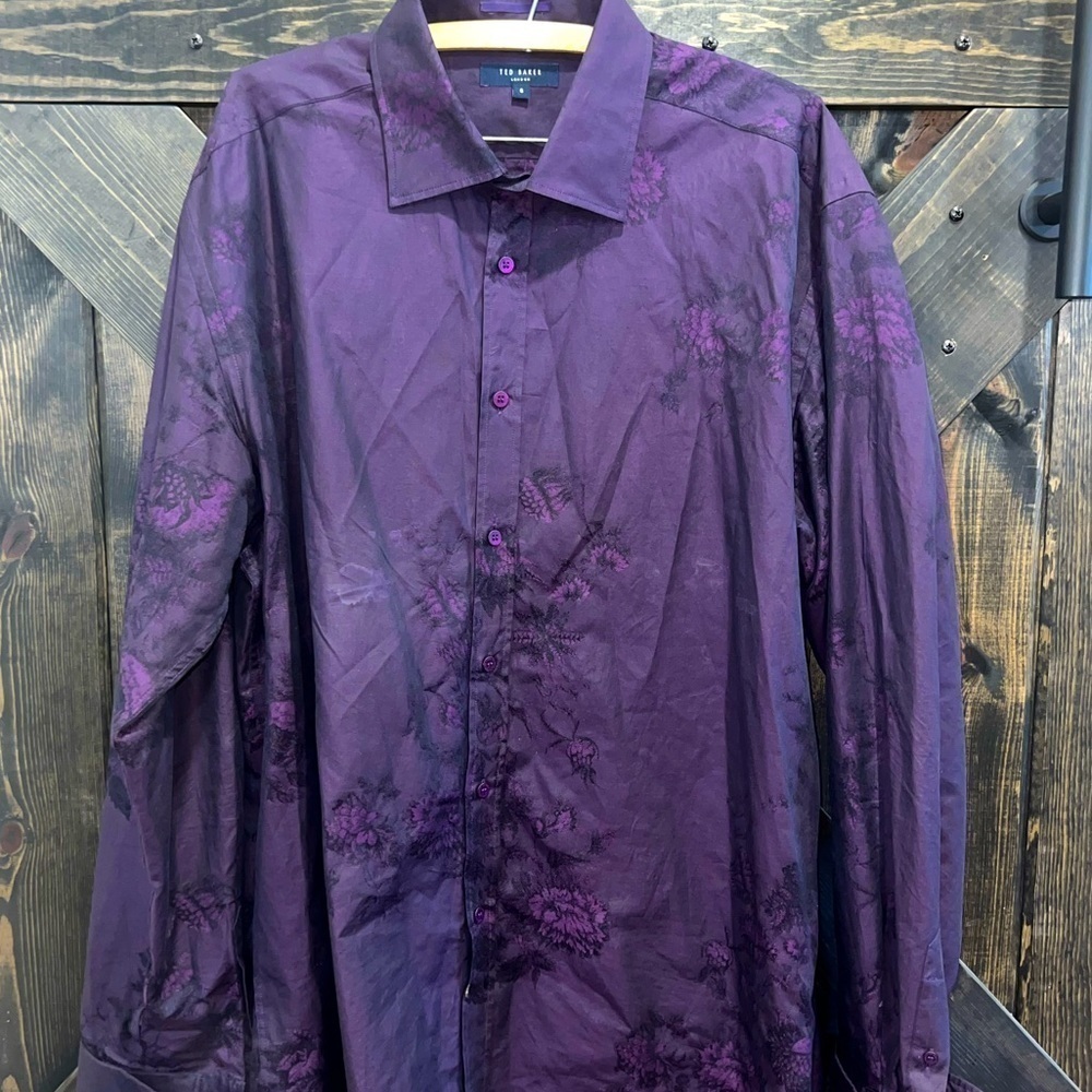 Ted Baker London Dress‎ Shirt 2XL 6 Deep Purple Floral Button Up Career Holiday